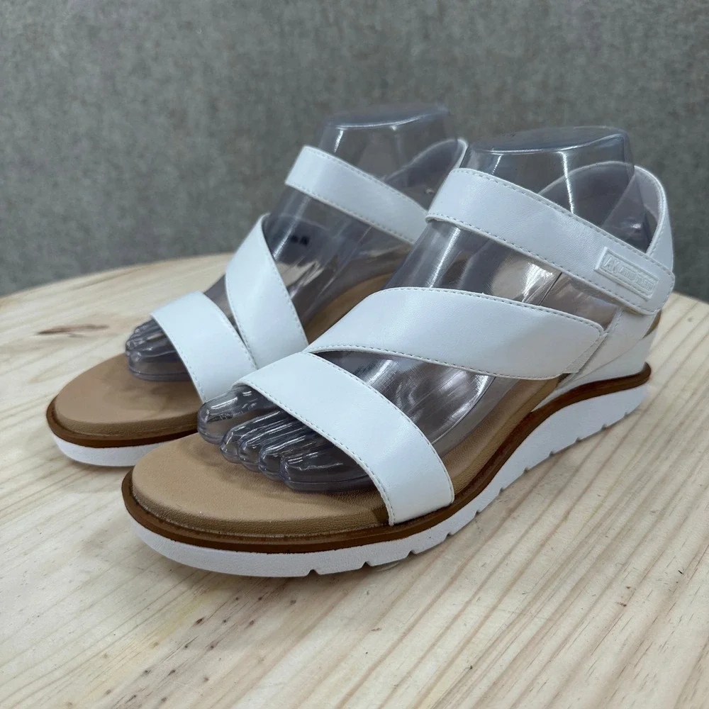 Anne Klein Aklatrell Wedge Slide Sandals SZ 9 White Strappy Comfort Lalasa